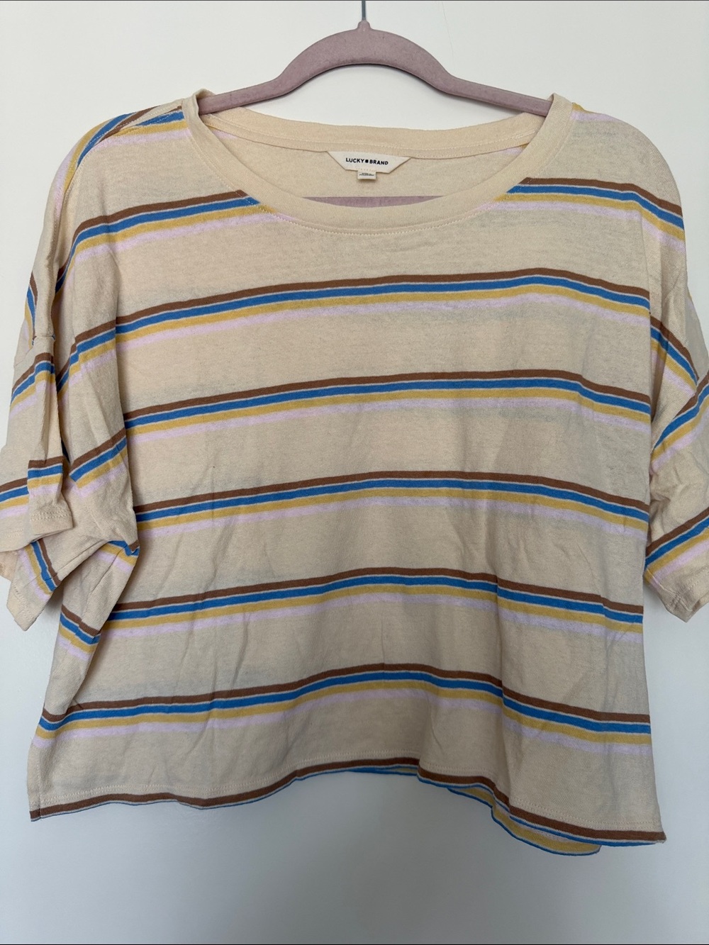 Lucky Brand Beige Striped Short-Sleeve Tee with Blue and Brown Stripes